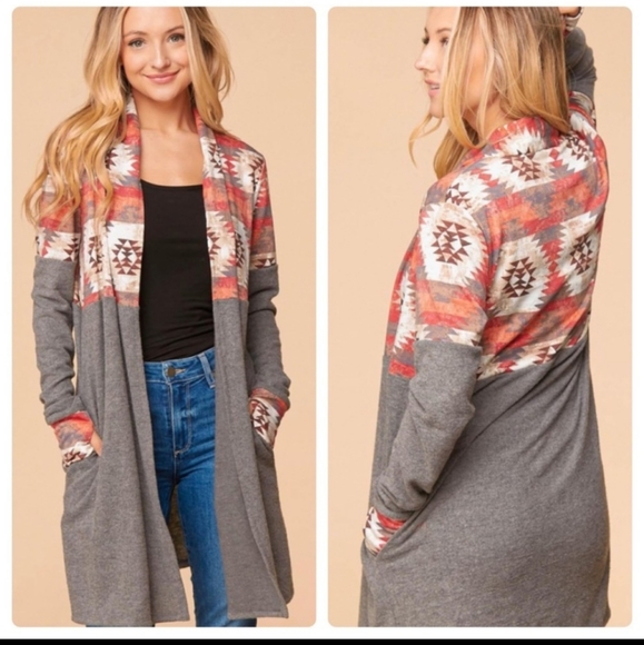 Hacci Sweaters - Aztec print at top Sweater Cardigan.